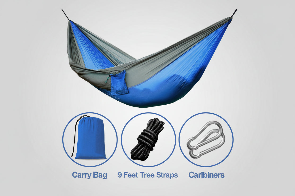 Blue and gray hammock with accessories including a carry bag, tree straps, and carabiners on a white background.