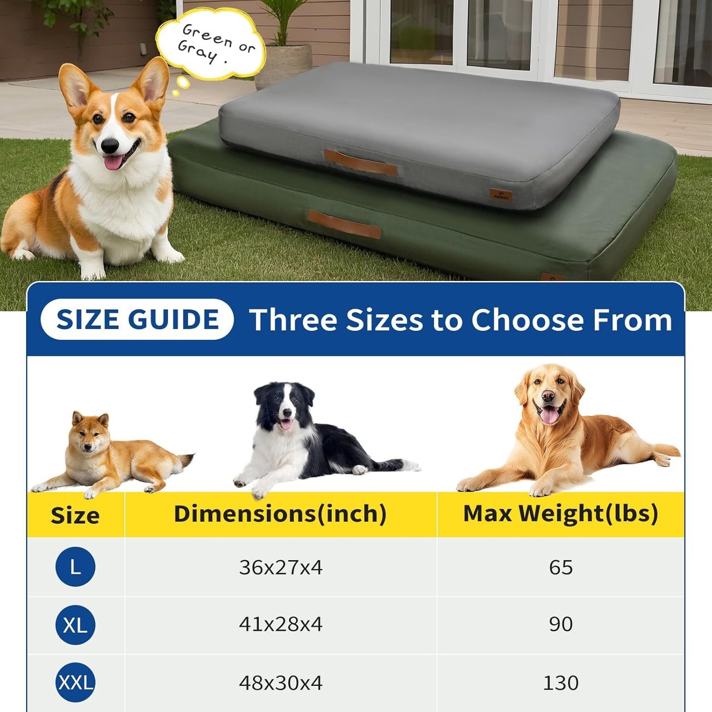 Dog bed with size guide and three dogs of different sizes on a grassy area.