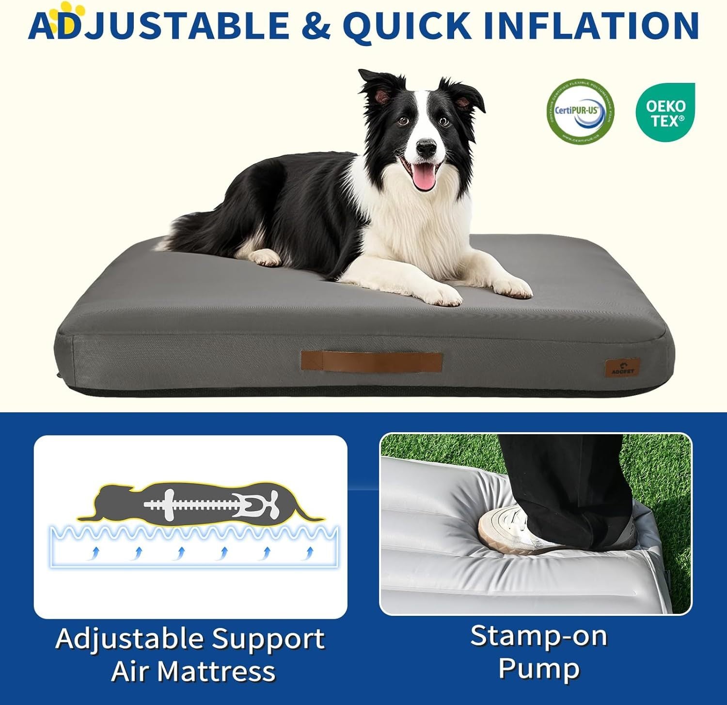 Dog lying on an adjustable air mattress with pump and support features highlighted.