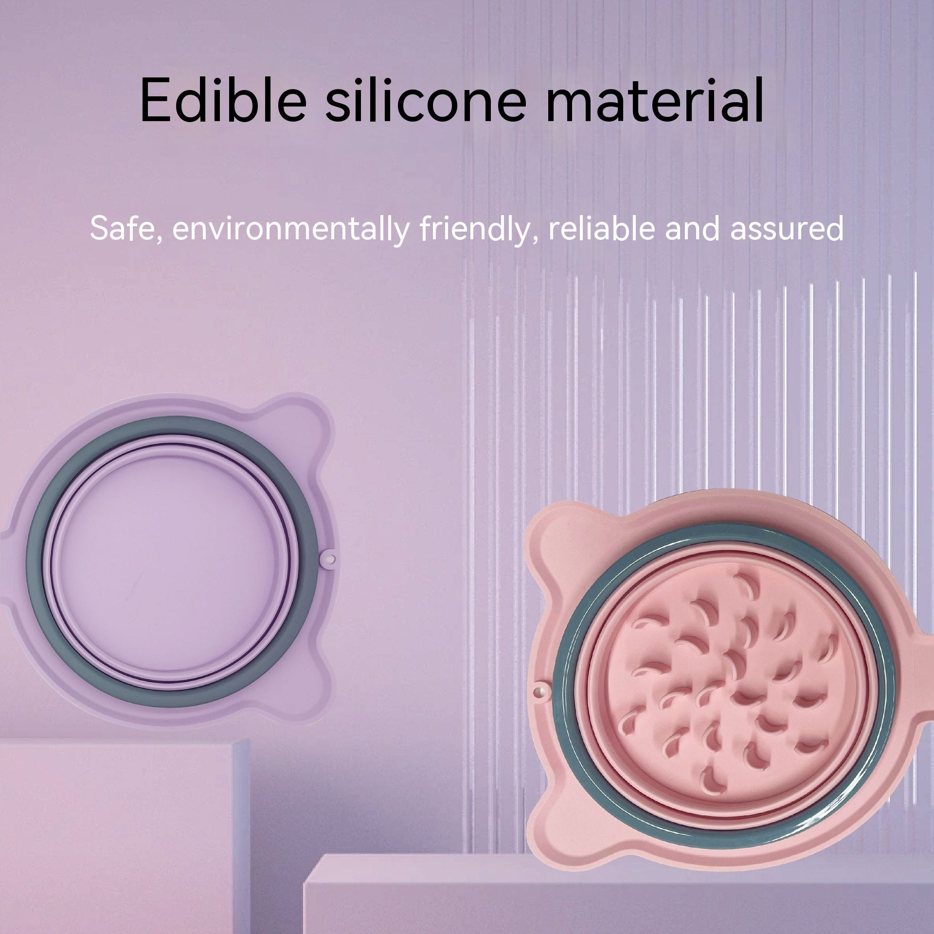 Edible silicone material product with text on a light purple background