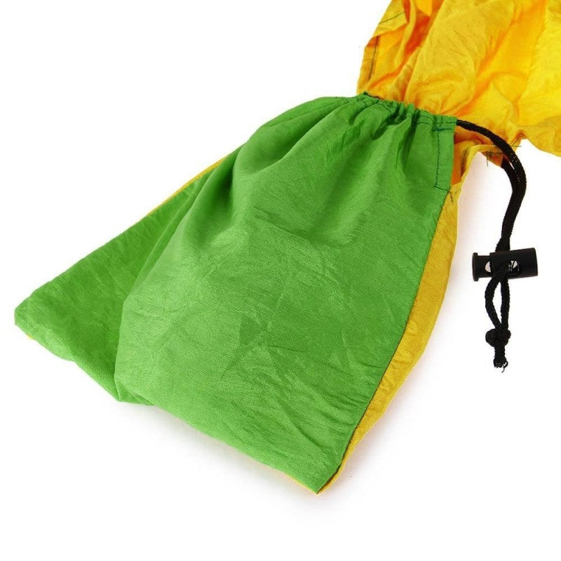 Green drawstring bag with a yellow top corner on a white background