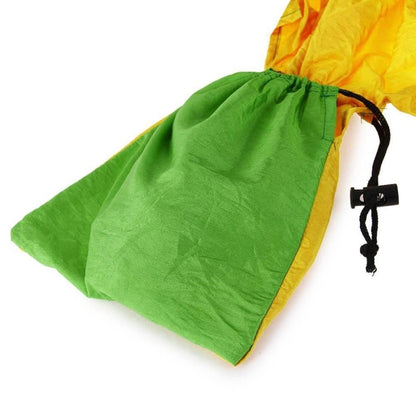 Green drawstring bag with a yellow top corner on a white background