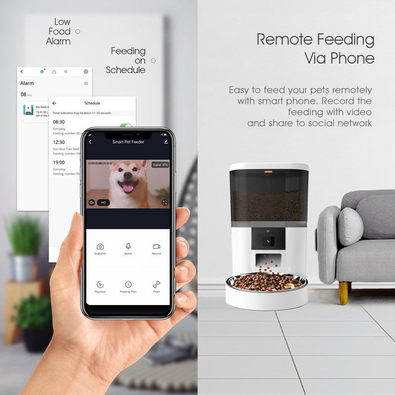 Smart pet feeder with smartphone app interface and remote feeding capabilities.